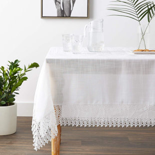 Violet Linen Lisbon Modern Embroidered Runner Design, Macrame Lace Border, Polyester, White, 52 Inch by 70 Inch, Seats 4 to 6 Pepole, Rectangle Tablecloths