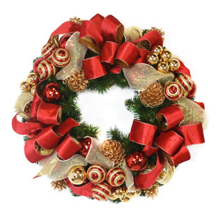 CREATIVE DISPLAYS, INC. Festive Gold and Red Holiday Wreath with Ornaments and Ribbons.