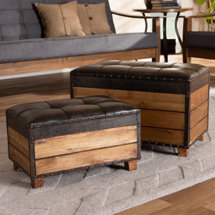 MILLWOOD PINES Marelli Rustic Faux Leather Upholstered 2-Piece Wood Storage Trunk Ottoman Set