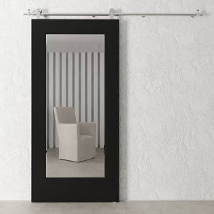 URBAN WOODCRAFT Mirrored Manufactured Wood Painted Full Length Mirror Barn Door with Installation Hardware Kit