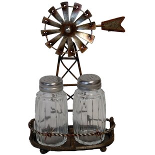 DE LEON COLLECTIONS Rustic Country Farmhouse Distressed Brown Metal Spinning Windmill Salt and Pepper Shaker Holder Set