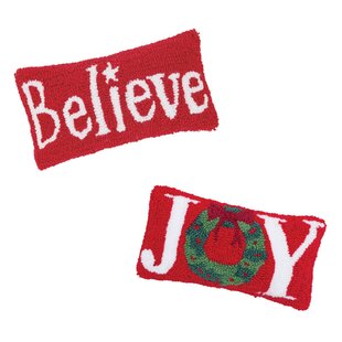 C&F HOME Traditional Christmas Joy Wreath Hooked Pillow (Set of 2)