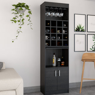 EBERN DESIGNS Kava 71" Tall Bar Cabinet with 16 Cubbies, Shelf, Concealable Tray and Double Door