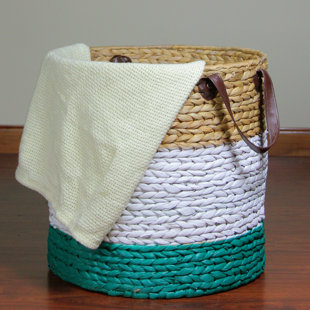 NORTHLIGHT SEASONAL 16" Beige White and Teal Braided Wicker Basket with Handles