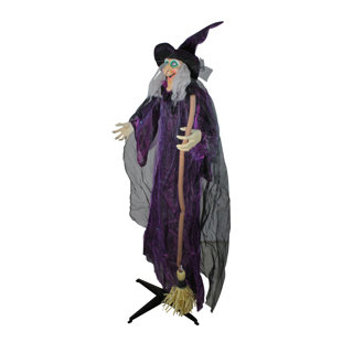 NORTHLIGHT SEASONAL 66" Animated Standing Witch and Broomstick Halloween Figure Decoration