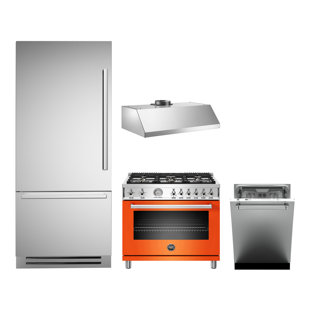 Bertazzoni 4 Piece Kitchen Appliance Package with Bottom Freezer Refrigerator , Gas Freestanding Range , Built-In Dishwasher , and Under Cabinet Range Hood