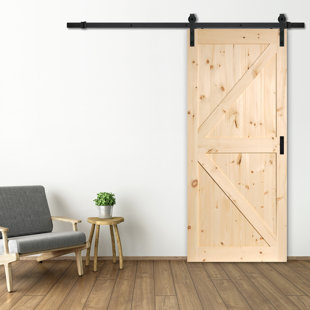 RENIN Paneled Manufactured Wood and Wood Unfinished Sierra K-Design Pine Barn Door with Installation Hardware Kit
