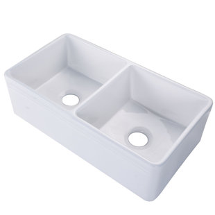 KDK HOME 33'' L x 18'' W Ceramic Farmhouse Kitchen Sink Double Bowl Reversible Apron Front Sink