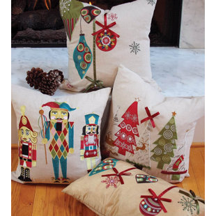 XIA HOME FASHIONS Noel Embroidered Feather Linen Reversible Throw Pillow