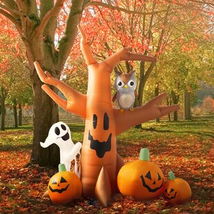 THE HOLIDAY AISLE® 8 Foot Tall Lighted Happy Halloween Inflatable Haunted Tree with Owl, Ghost and Pumpkins Indoor / Outdoor Holiday Blow Up Yard Garden Decoration