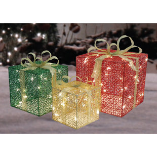 NORTHLIGHT SEASONAL Set of 3 Lighted Gift Box Outdoor Christmas Decoration 12-Inch