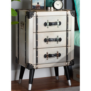 BREAKWATER BAY Bohon Vintage Industrial Antique Silver Finished Metal Trunk Inspired 3-Drawer Nightstand