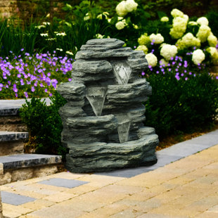 MILLWOOD PINES Hargrave Resin 3-Tier Outdoor Cascading Stone Waterfall Fountain with Soothing Sounds