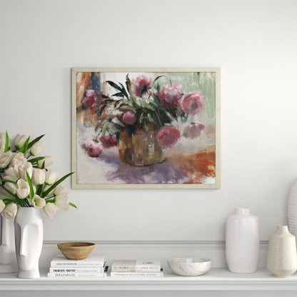 'Peonies in Copper Bucket' - Picture Frame Painting Print on Canvas