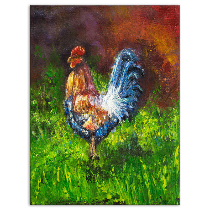 East Urban Home Colorful Rooster Domestic Bird Oil Painting