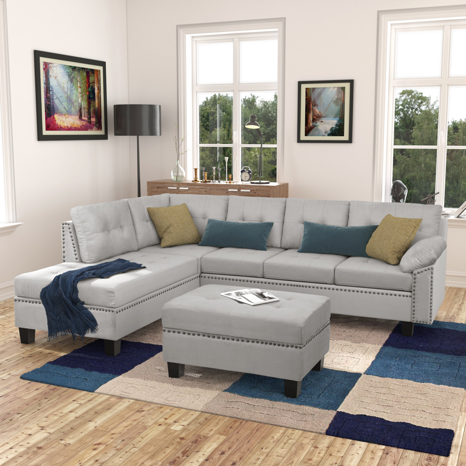 Latitude Run Sectional Sofa Set With Chaise Lounge And Storage Ottoman Nail Head Detail Grey Wayfair