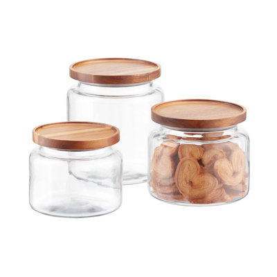 Anchor Hocking; Set Of 3, Montana Jars With Acacia Wood Lids