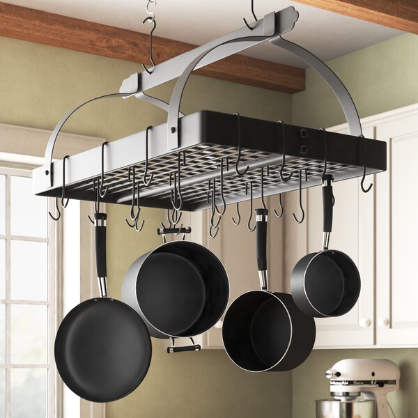 Hanging Pot Rack Ceiling Mounted Chain Cookware Pan Kitchen Storage Space Wood