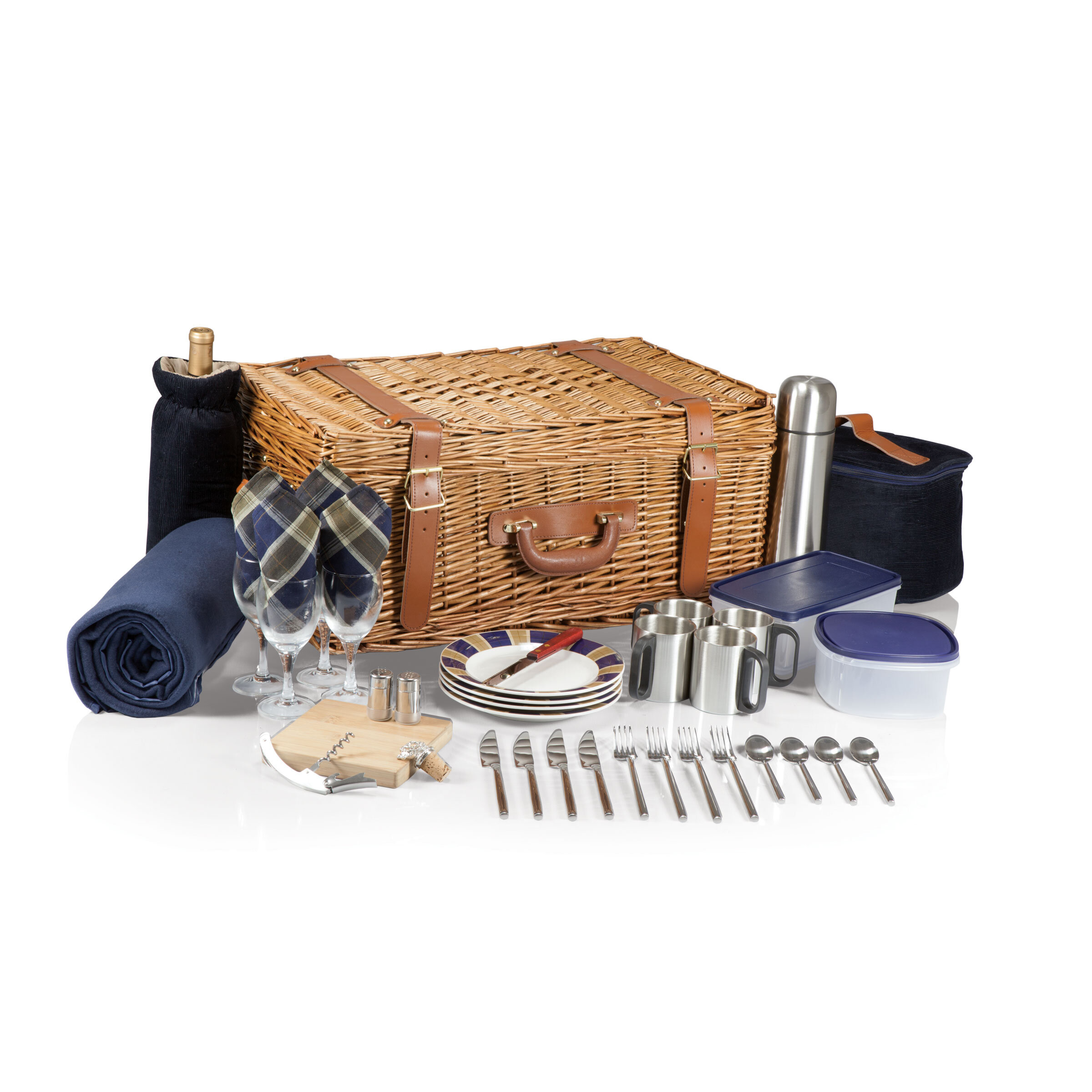 Picnic Time Canterbury English Style Picnic Basket with Deluxe Service for Two Navy with Plaid 
