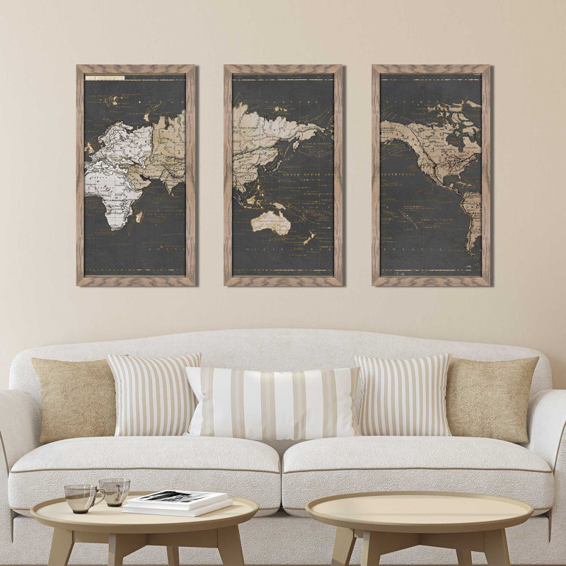 Greyleigh World Map In Gold And Gray 3 Piece Picture Framed