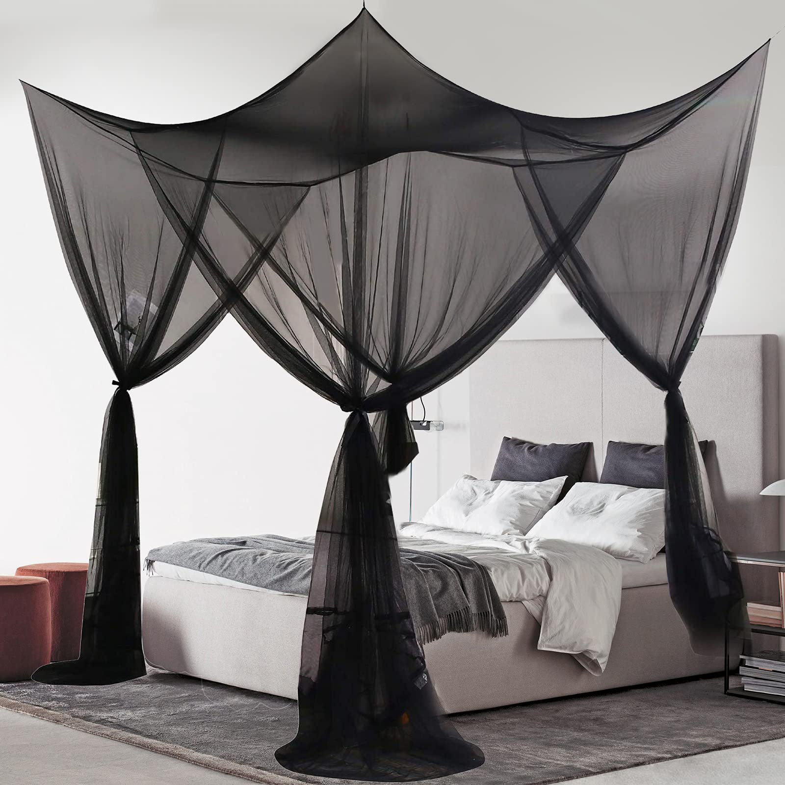 Famus 4 Corner Post Bed Canopy Mosquito Net Full Queen King Size Bedding Black