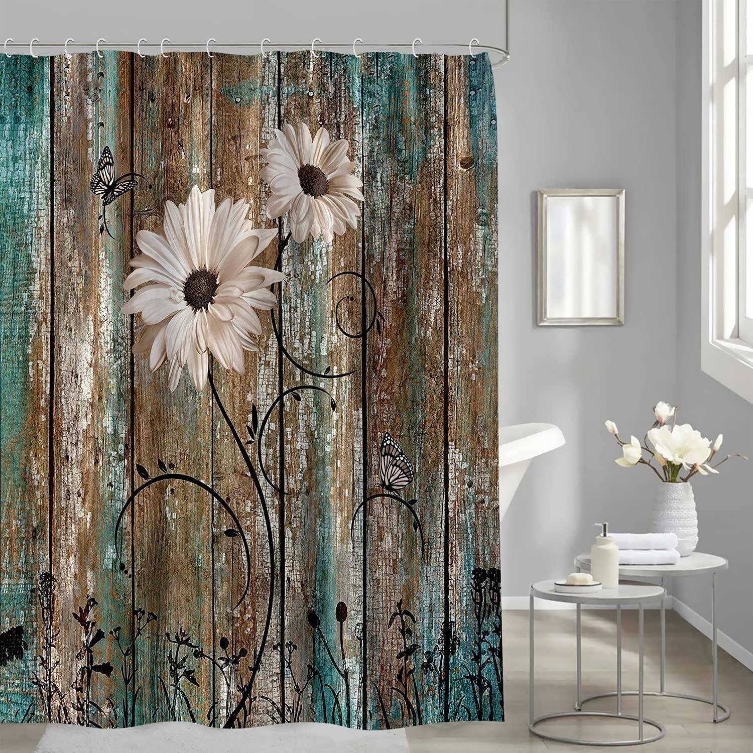 Butterfly and white flowers Shower Curtain Bathroom Fabric & 12hooks 71x71inches 