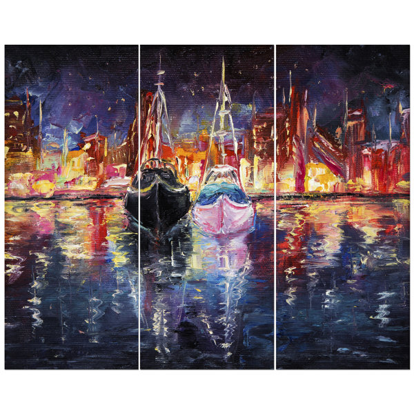 East Urban Home Two Boats At Night City Oil Painting Print Multi