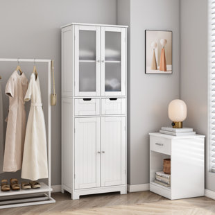 Tall Linen Cabinet Tower Bathroom Shelf w Door Bath Towel Storage Display White 
