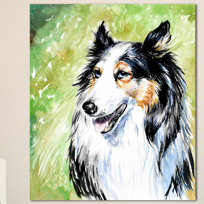 Designart Black Collie Dog Watercolor Painting Print On Wrapped