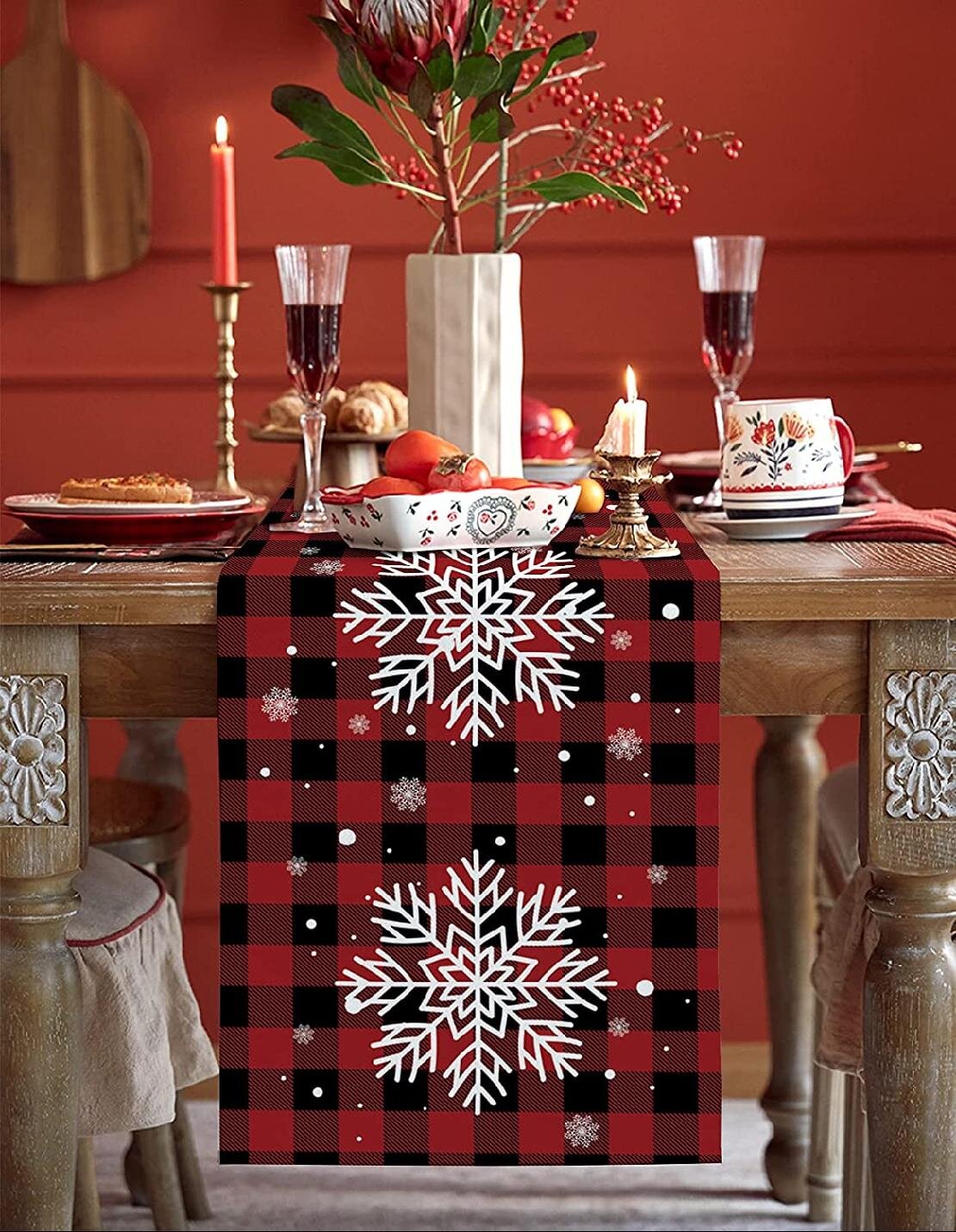 TropicalLife Table Runner 90 Inches Long Winter White Snowflakes On Red Table Runners for Party Wedding Kitchen Dining Table Living Room Decorative Dressers Scarf