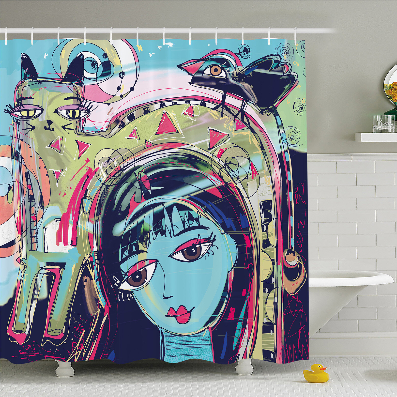A Sketch Style Art Print Trendy Hipster New Age Urban Cat  Shower Curtain Set 