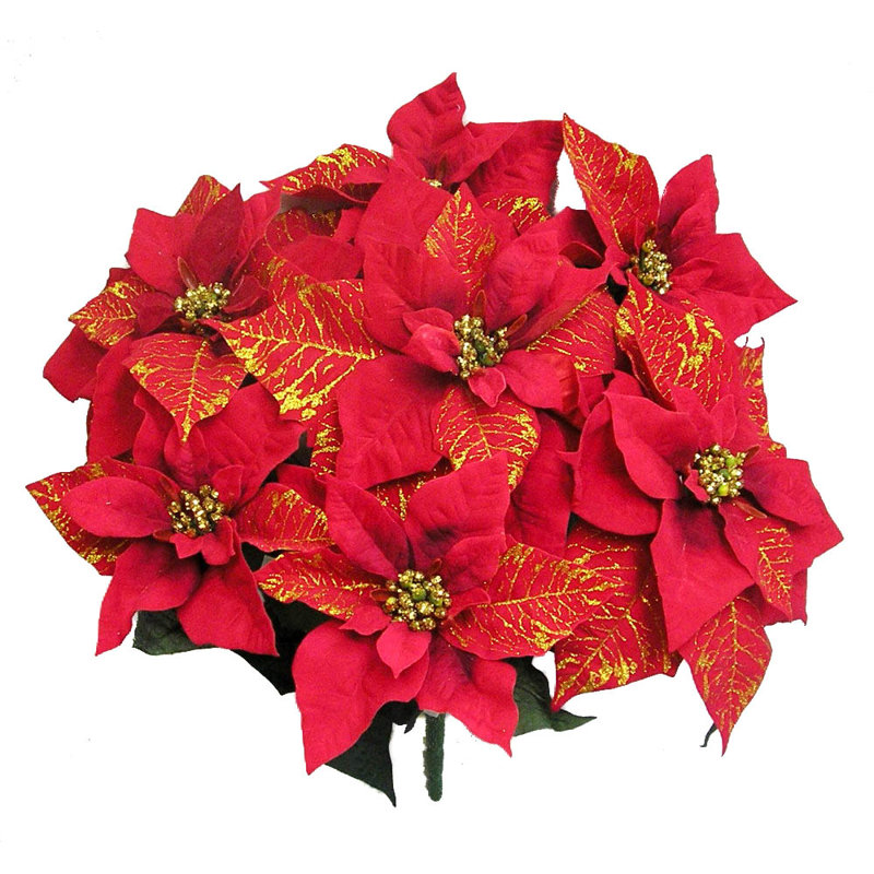The Holiday Aisle 7 Stems Artificial Velvet Poinsettia Gold Printed Floral Arrangement Reviews Wayfair