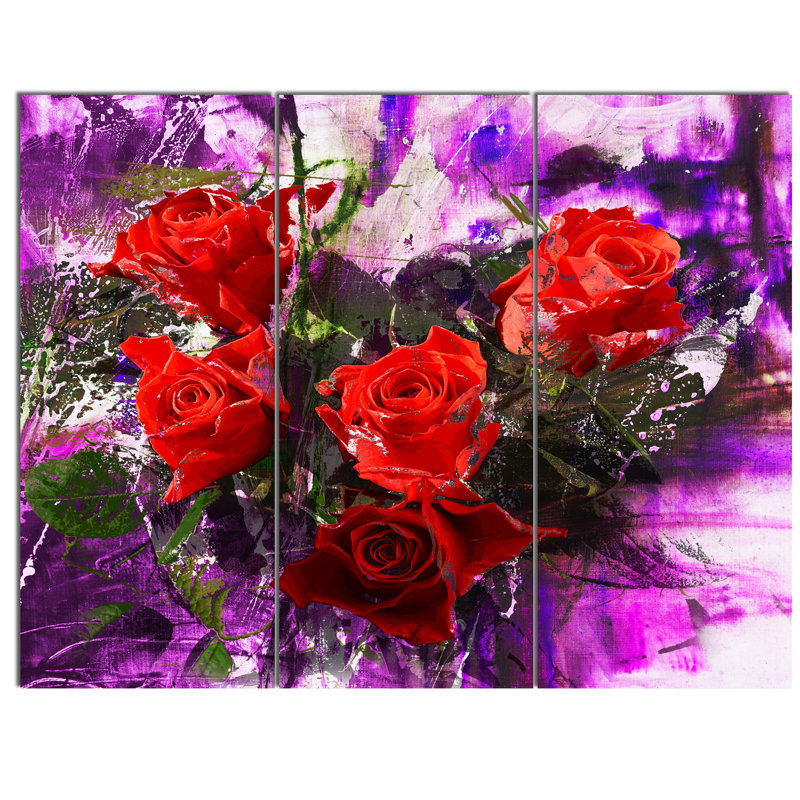 Designart Five Red Roses Abstract Background 3 Piece Graphic Art On Wrapped Canvas Set Wayfair
