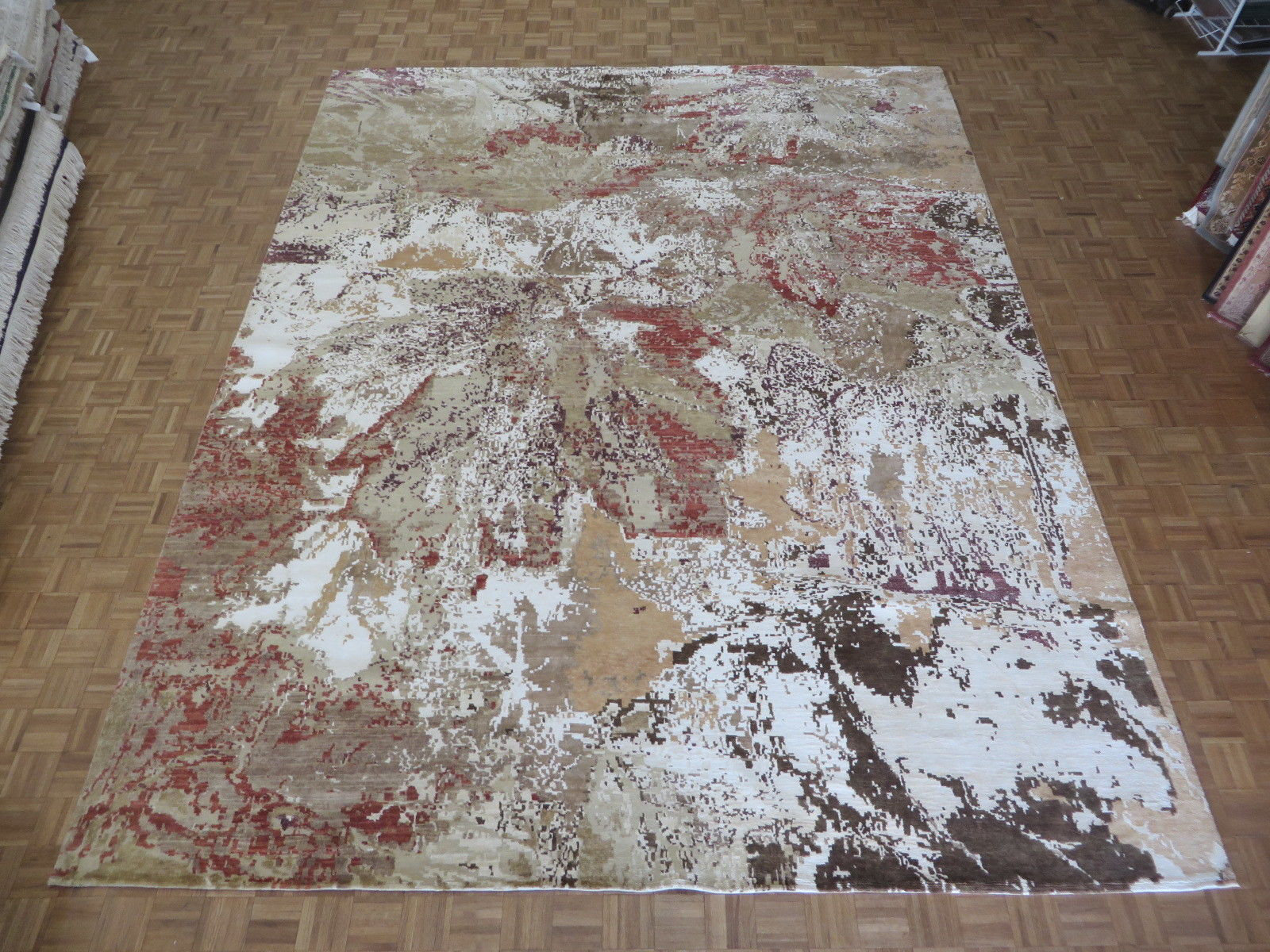 One Of A Kind Dreher Modern Abstract Tan Hand Knotted 12 X 15 1 Wool Silk Beige Ivory Area Rug One Of A Kind Dreher Modern Abstract Tan Hand Knotted 12 X 15 1 Wool Silk Beige Ivory Area Rug