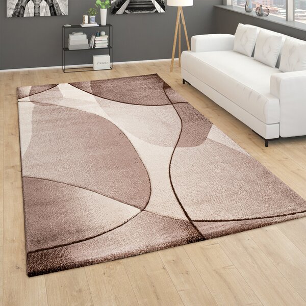 Rug Modern Designer Living Room Short Flor Abstract Waves Pattern Brown Beige 