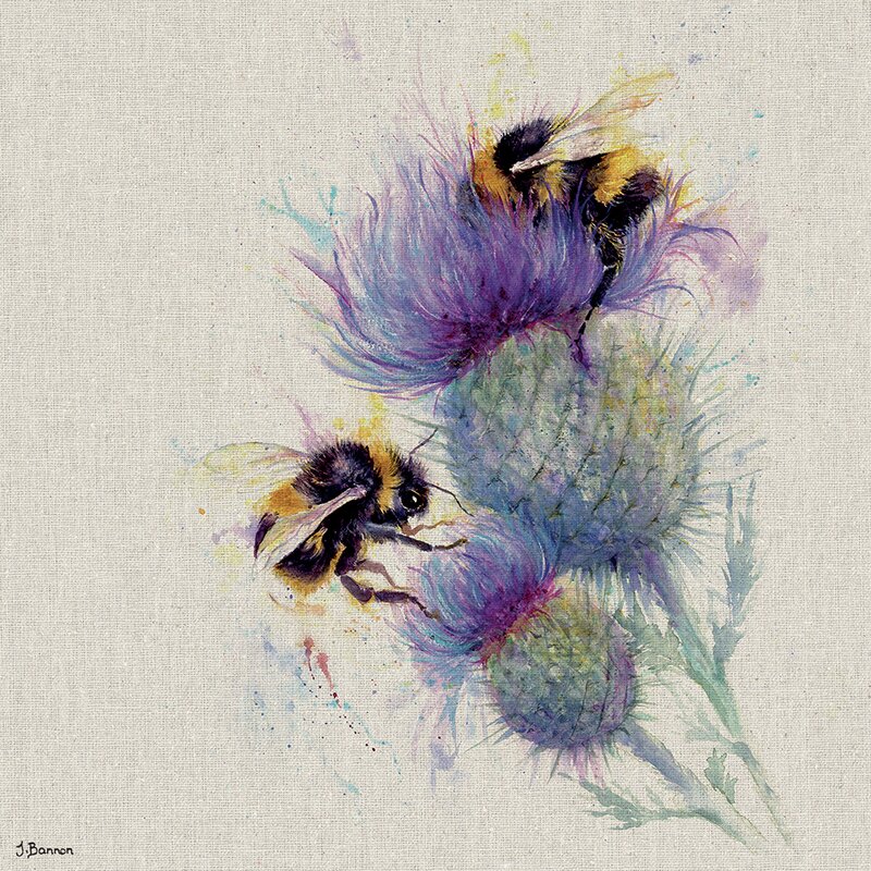 'Bees on Thistle' by Jane Bannon Print in Grey/Purple
