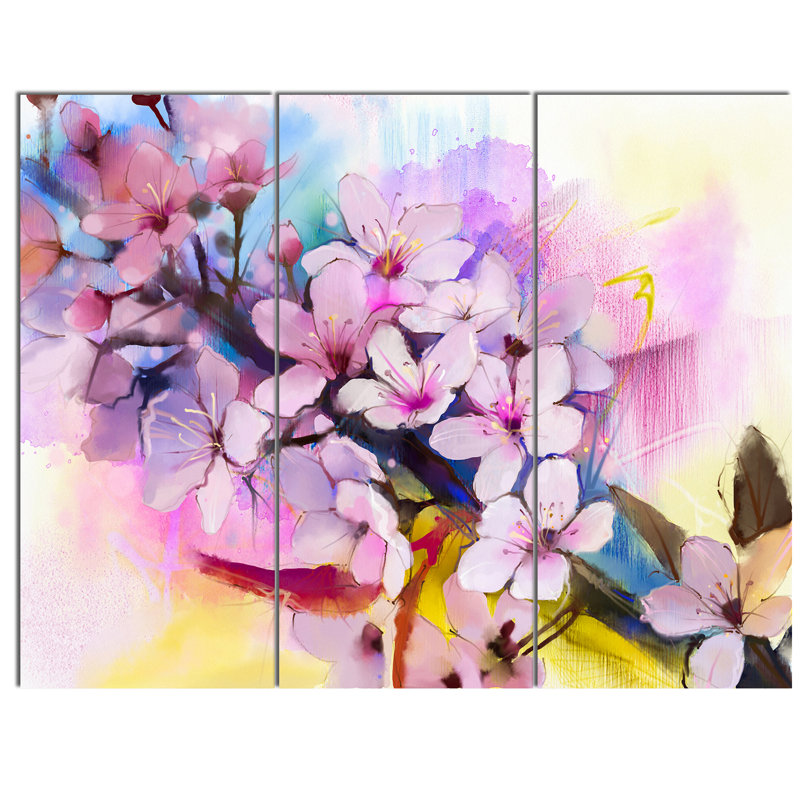 Designart Japanese Cherry Blossoms Watercolor 3 Piece Painting