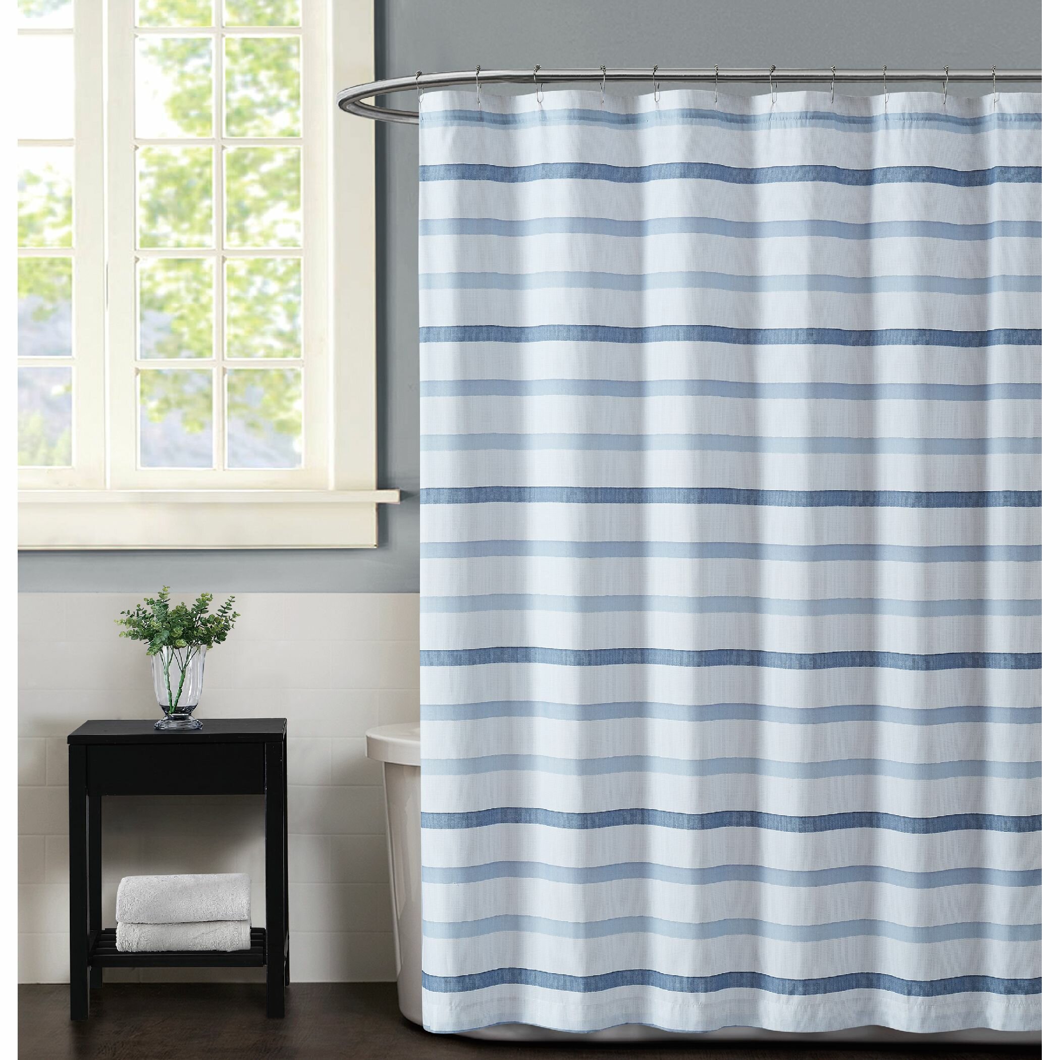 Water Resistant Details about   West Lake Blue White Stripe Shower Curtain,Waffle Weave Texture 