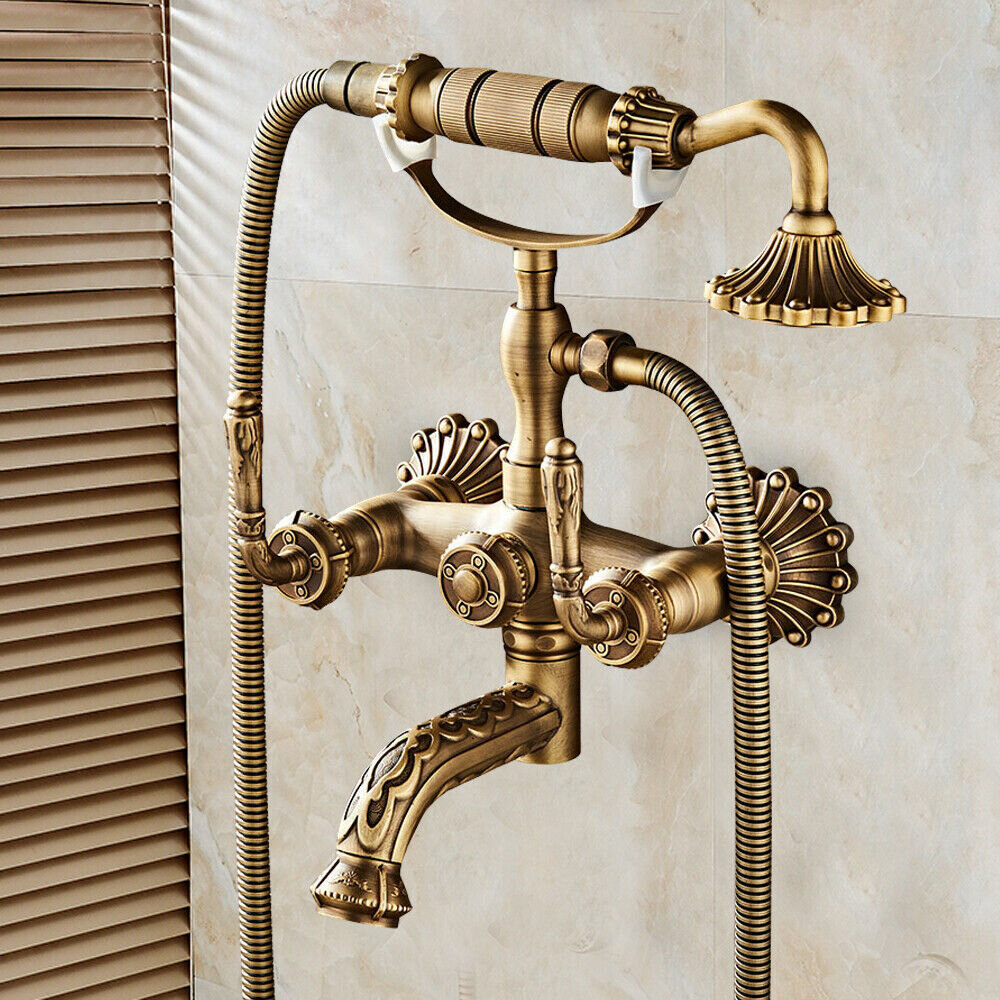 Wall Mount Swivel Antique Brass Bath Tub Shower Faucet Hand Spray Mixer Taps 