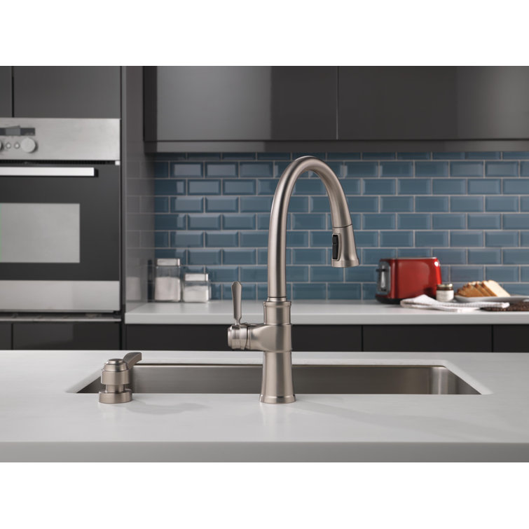Spargo Pull Down Single Handle Kitchen Faucet with ShieldSprayÂ® MagnaTite  Docking Technology and Soap Dispenser