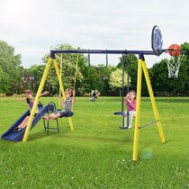 Costzon Kids Swing Set A-Frame Outdoor Metal Swing Set for Backyard Playground Double Face to Face Swing Chair & Glider Set 