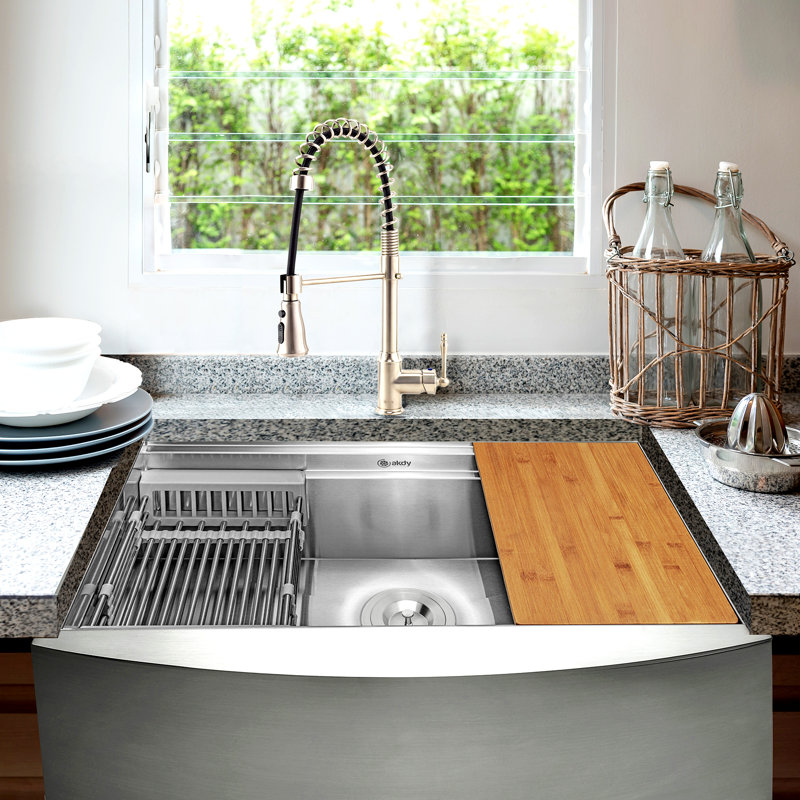 Akdy Workstation Stainless Steel 30 L X 20 W Farmhouse Apron Kitchen Sink With Faucet And Basket Strainer Wayfair