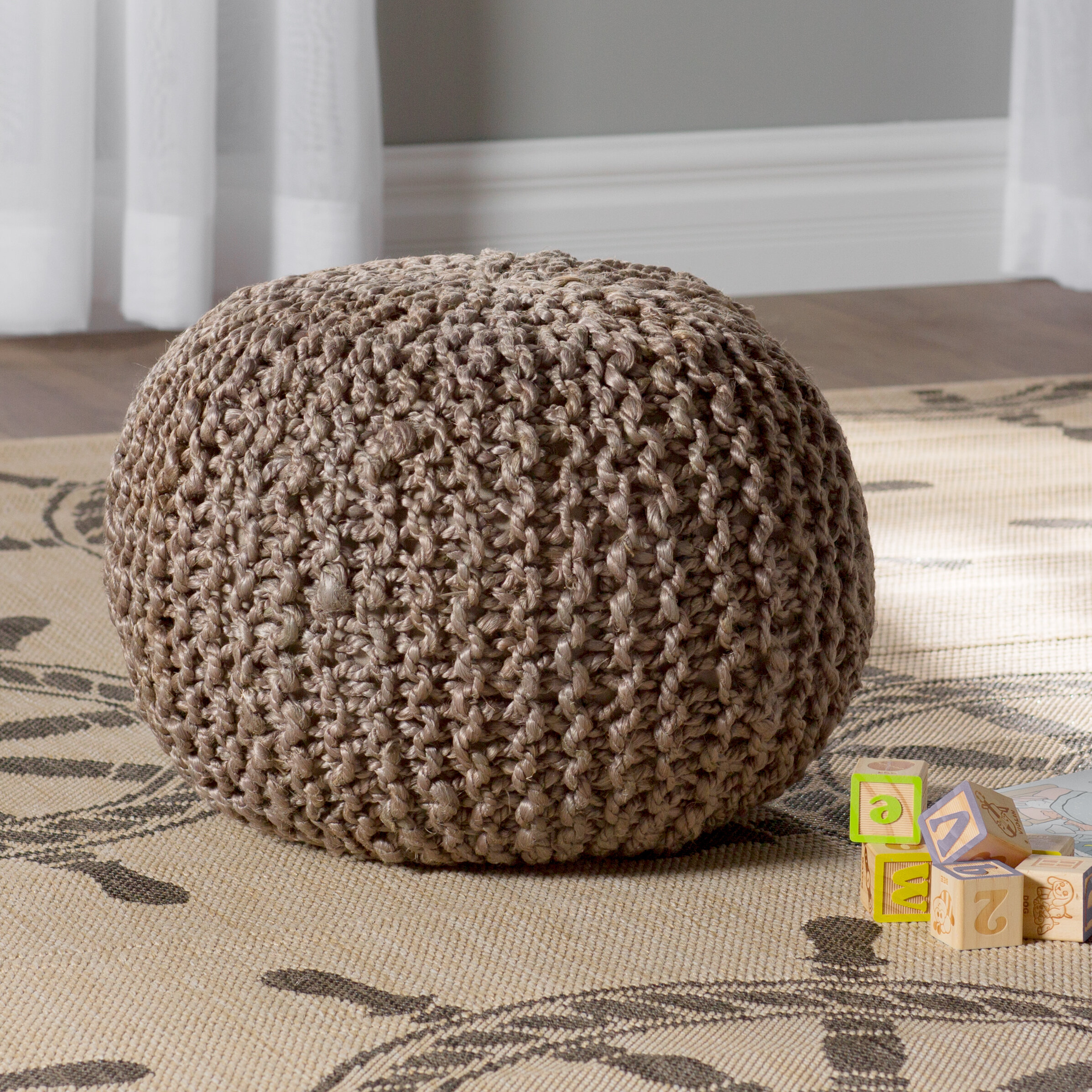 Modern Beige//Black Cube Shape Wool Pouf Brown Striped Lake House Contemporary Nautical Coastal Pattern Solid Square