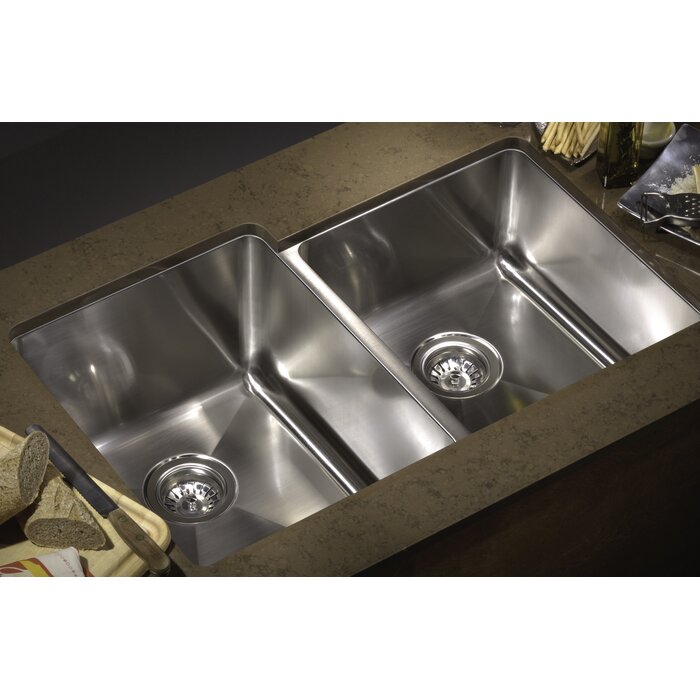 One Half Radius Equal Bowl 31 X 20 Double Basin Undermount Kitchen Sink With Drain Assembly
