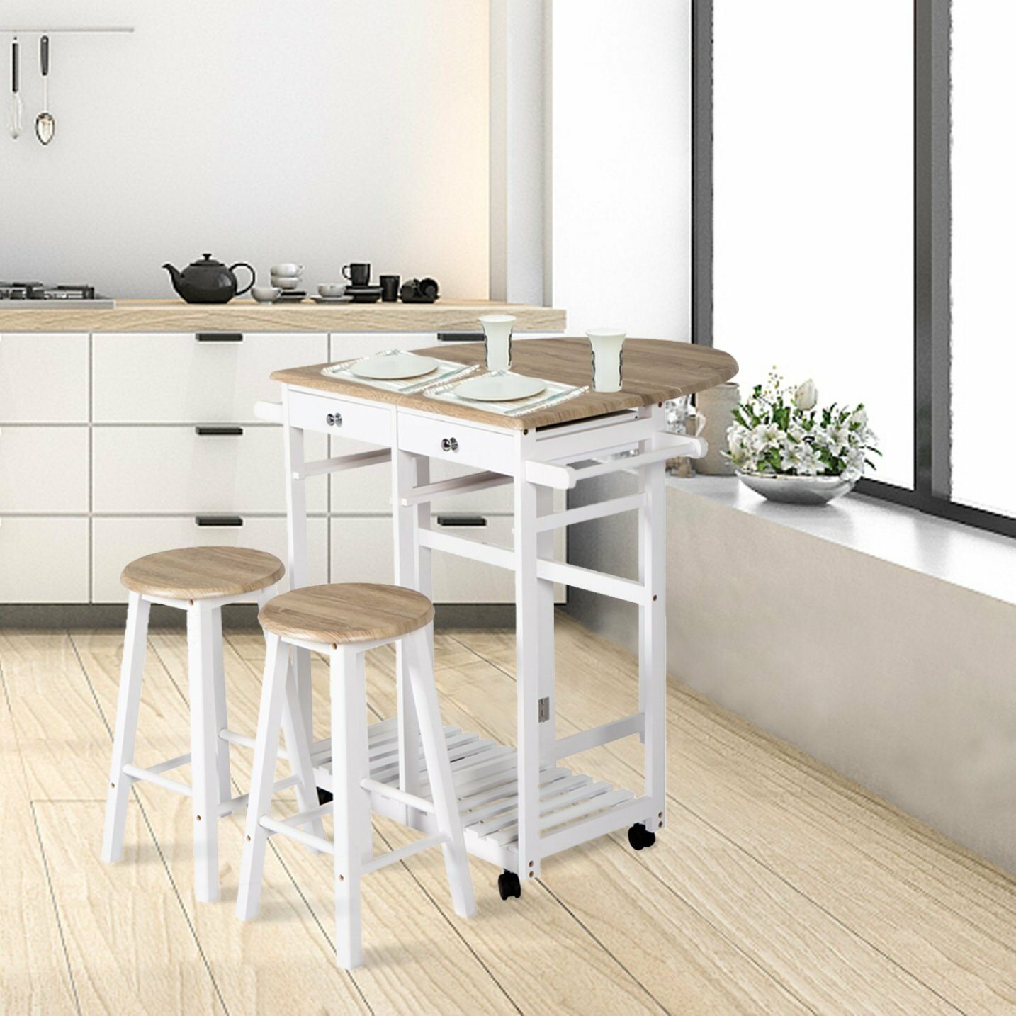 White /& Wood Color Multi-Purpose Wood Rolling Wood Kitchen Island Trolley Cart Wood Top Storage Cabinet Utility