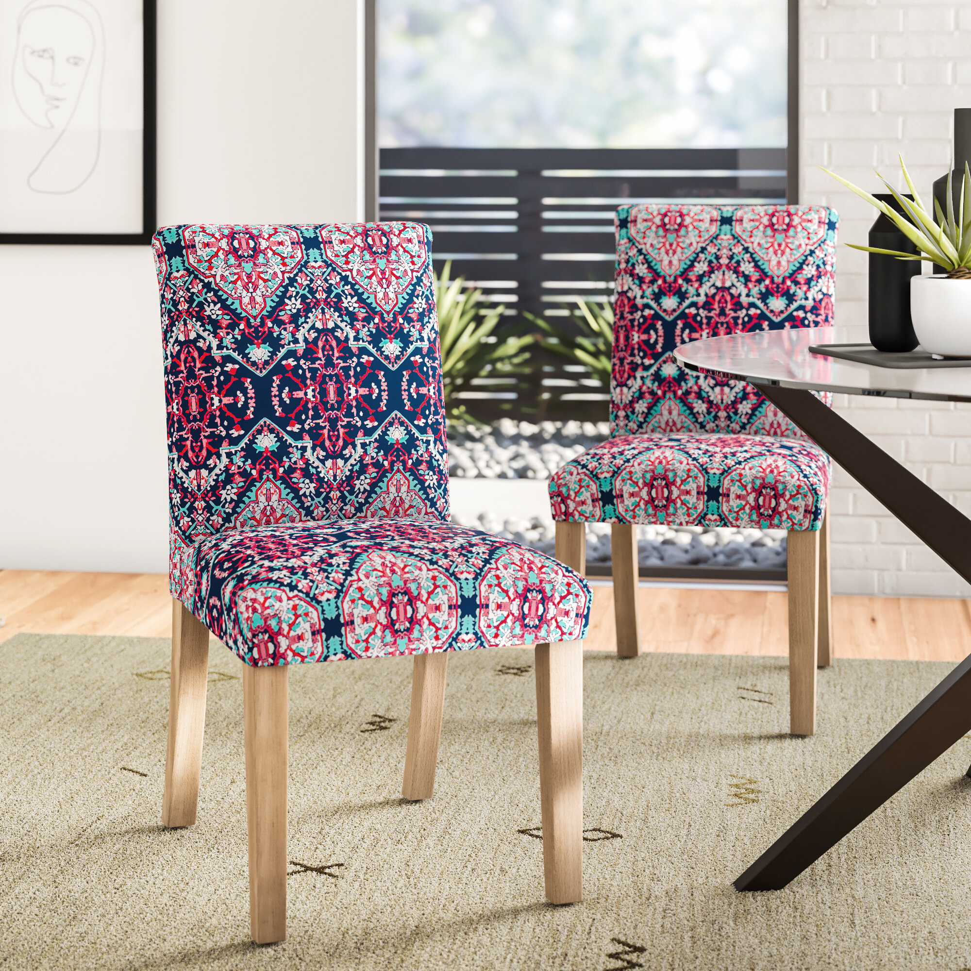 blue pattern upholstered dining chairs