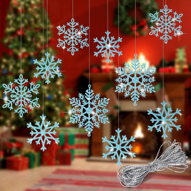 Glitter Snowflake Hanging Christmas Tree Decoration White Silver Xmas Set of 2