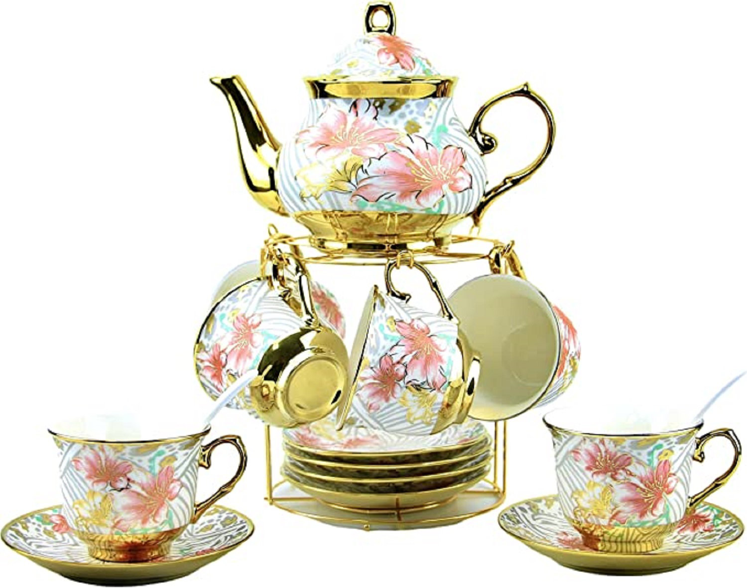 House of Hampton® 20 Pieces Porcelain Tea Set With Metal Holder