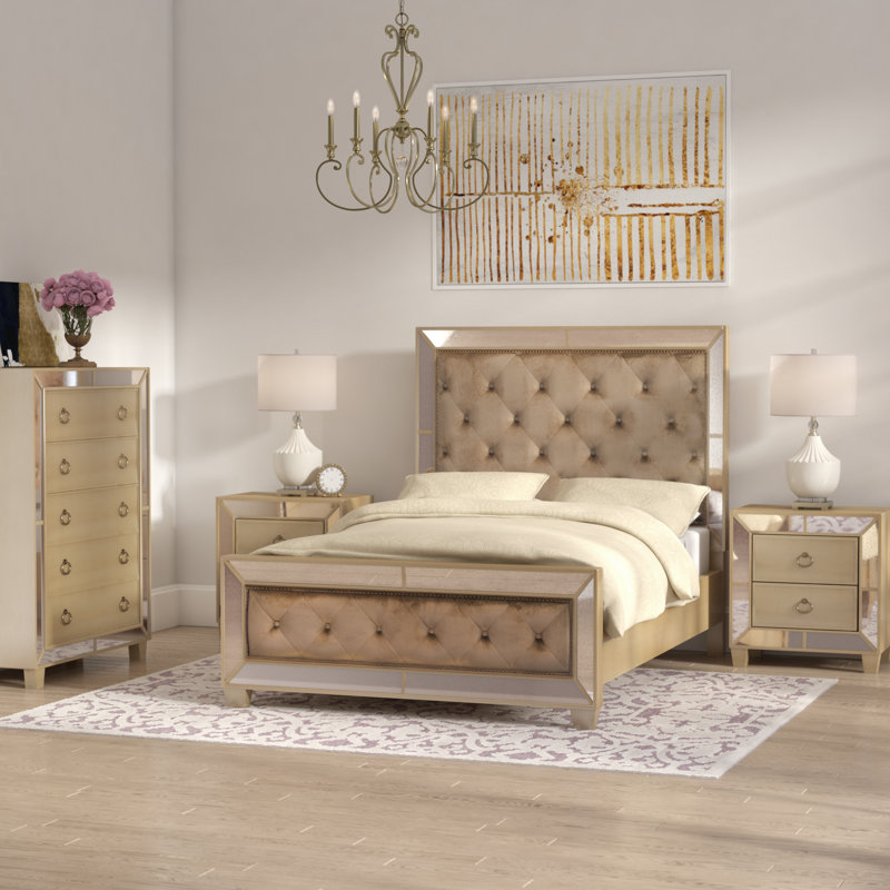 Alasdair Mirrored Tufted Platform 4 Piece Bedroom Set