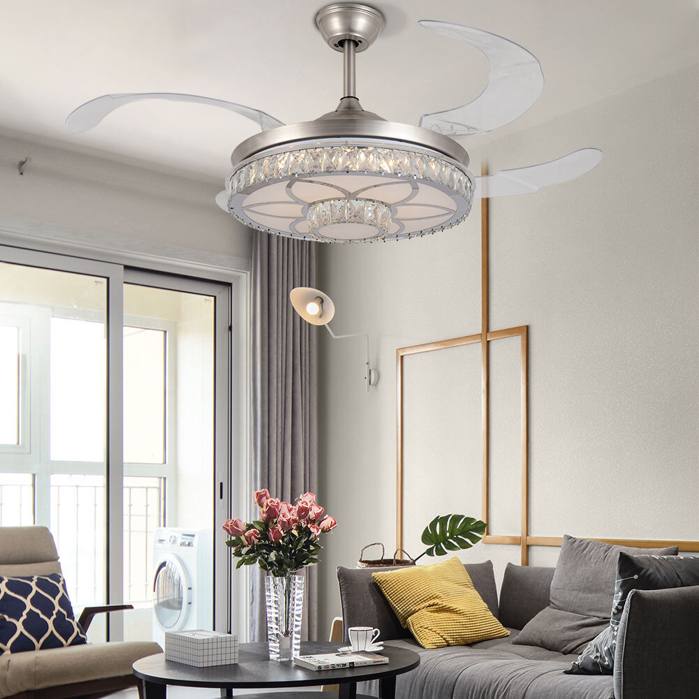 42" Modern 3-Color LED Chandeliers Invisible Ceiling Fan Light Remote Control 